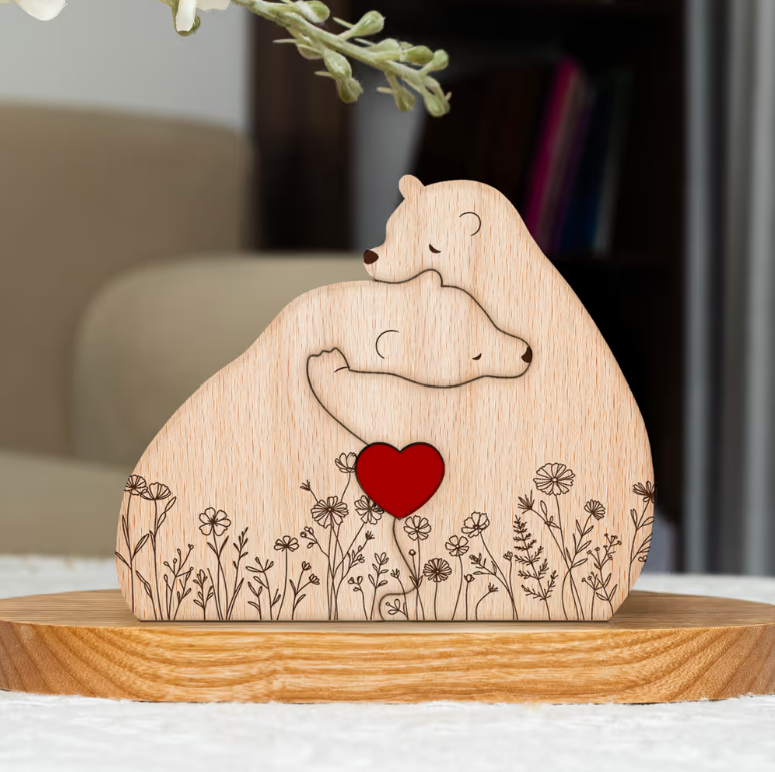 Hugging Bear Family Floral Version - Personalized Wooden Bear Family Puzzle