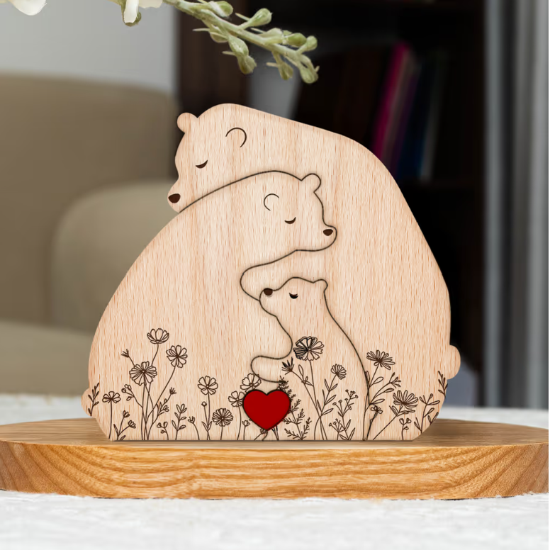 Hugging Bear Family Floral Version - Personalized Wooden Bear Family Puzzle
