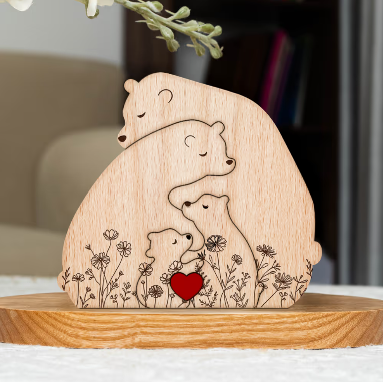 Hugging Bear Family Floral Version - Personalized Wooden Bear Family Puzzle