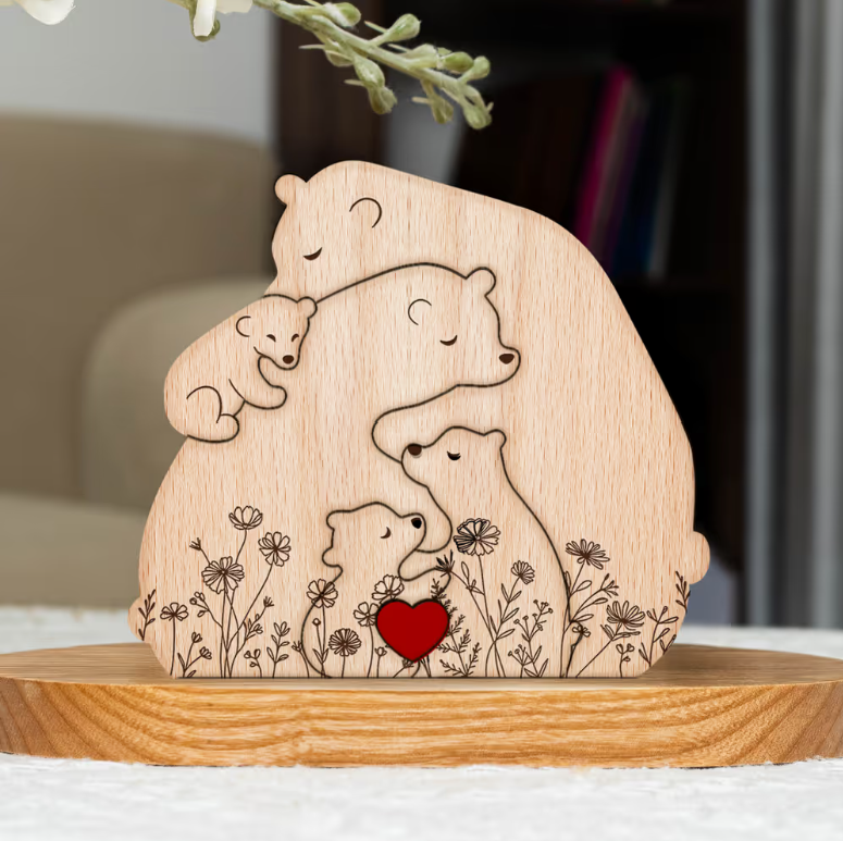 Hugging Bear Family Floral Version - Personalized Wooden Bear Family Puzzle