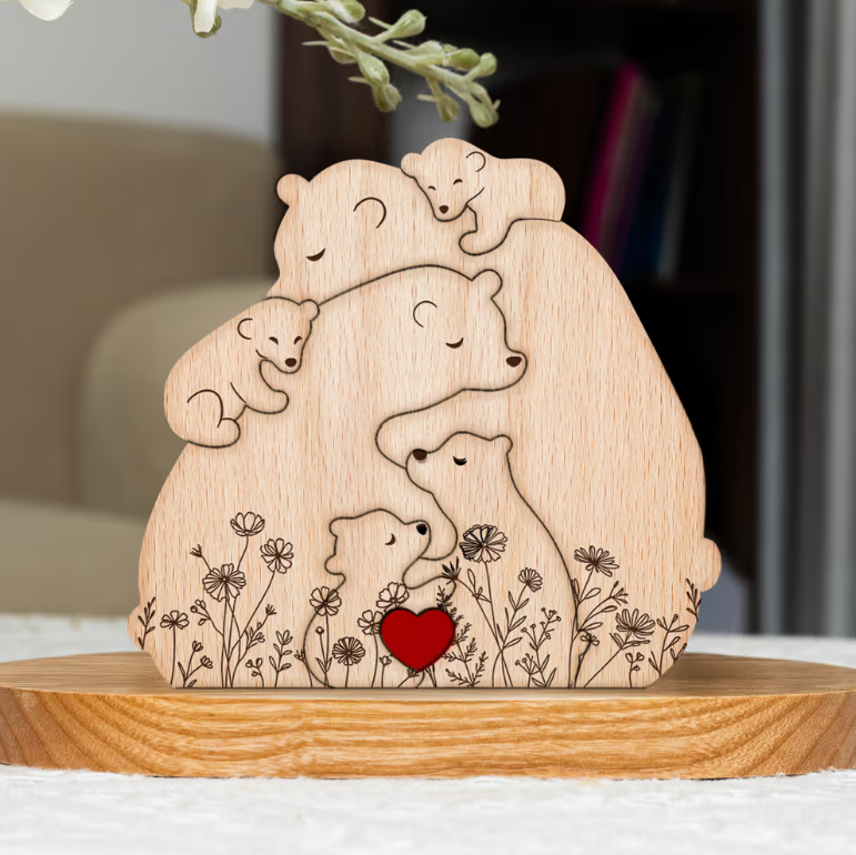 Hugging Bear Family Floral Version - Personalized Wooden Bear Family Puzzle