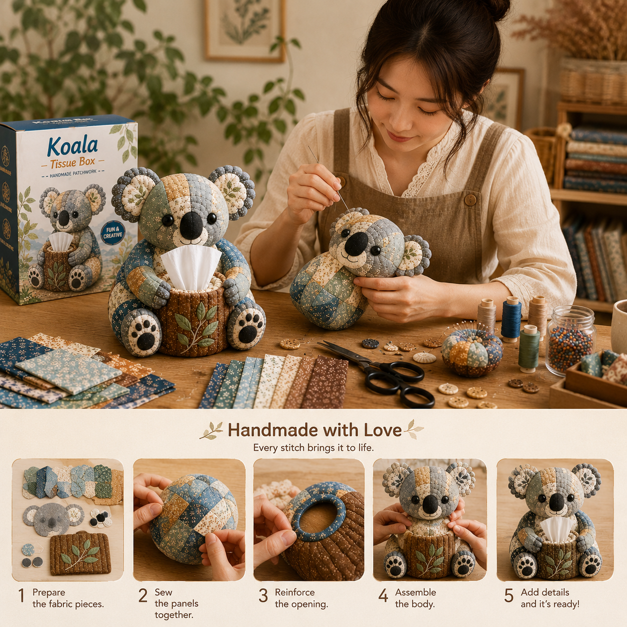 DIY Patchwork Animal Tissue Box Cover Kit | Cute Forest & Outback Friends Series