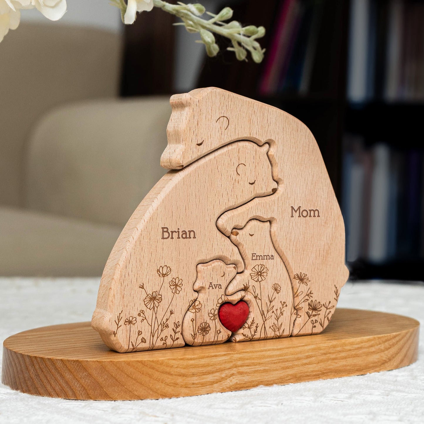 Hugging Bear Family Floral Version - Personalized Wooden Bear Family Puzzle