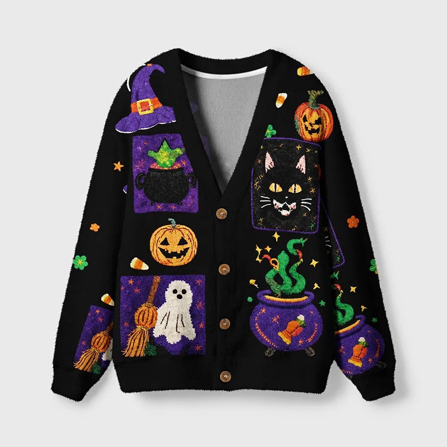 Vintage Spooky Halloween Pattern Women's Button Down Knitted Cardigan CELD01
