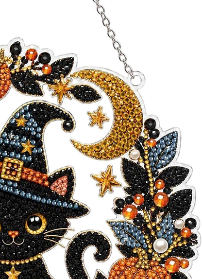 DIY Black Cat & Pumpkin Diamond Art Kit - Halloween Acrylic Hanging Decor