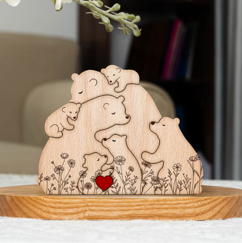 Hugging Bear Family Floral Version - Personalized Wooden Bear Family Puzzle