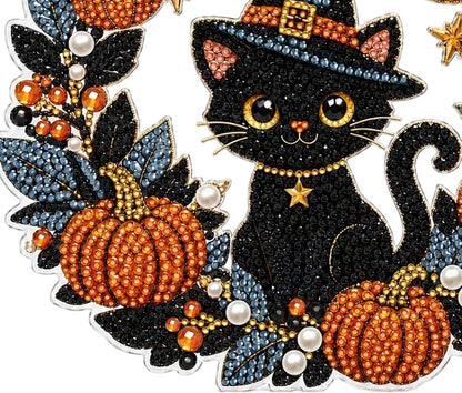 DIY Black Cat & Pumpkin Diamond Art Kit - Halloween Acrylic Hanging Decor