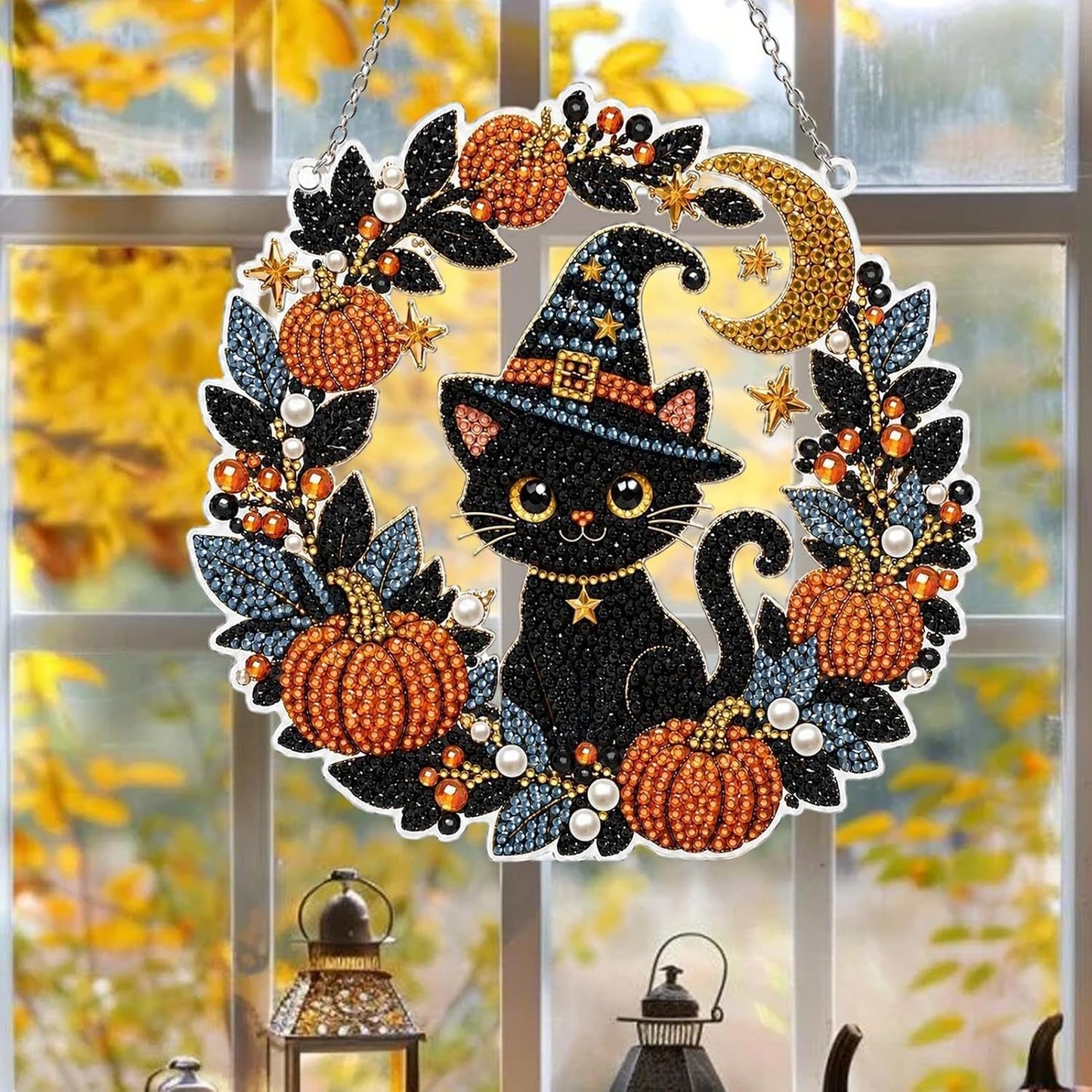 DIY Black Cat & Pumpkin Diamond Art Kit - Halloween Acrylic Hanging Decor