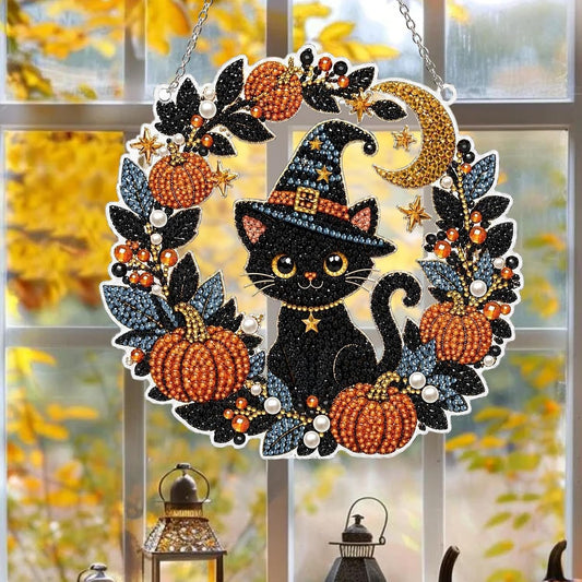 DIY Black Cat & Pumpkin Diamond Art Kit - Halloween Acrylic Hanging Decor