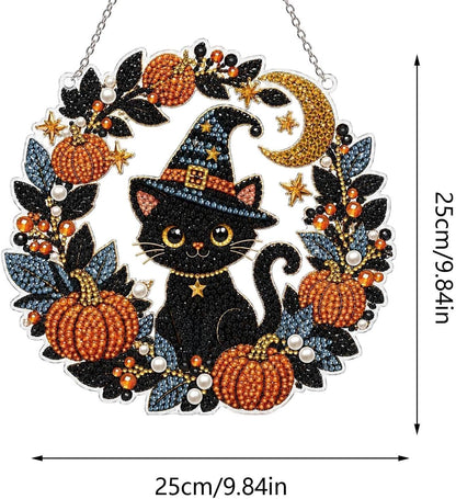 DIY Black Cat & Pumpkin Diamond Art Kit - Halloween Acrylic Hanging Decor