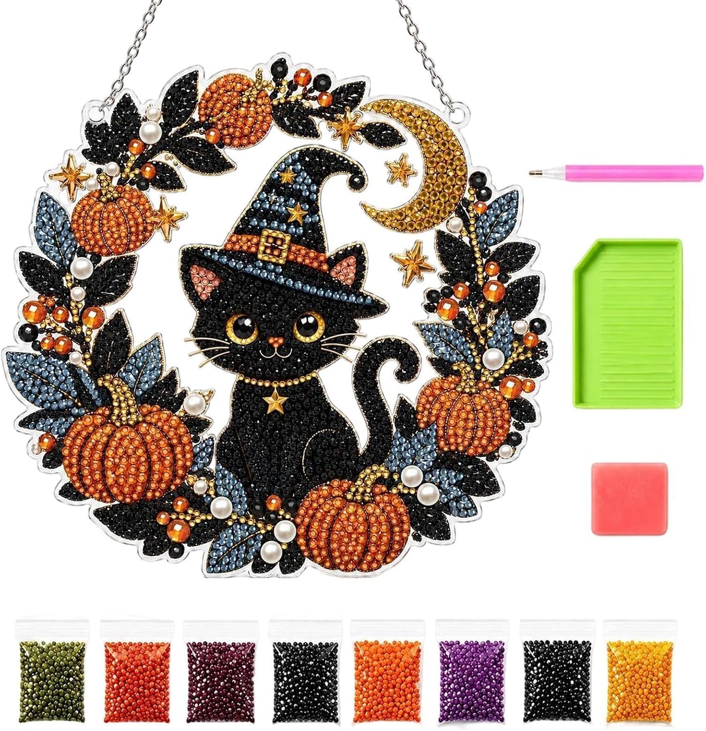 DIY Black Cat & Pumpkin Diamond Art Kit - Halloween Acrylic Hanging Decor