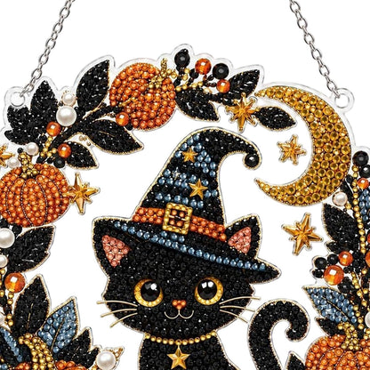 DIY Black Cat & Pumpkin Diamond Art Kit - Halloween Acrylic Hanging Decor