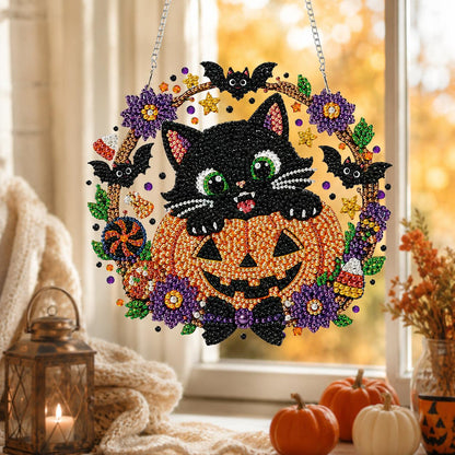 Halloween Black Cat Pumpkin Wreath DIY Diamond Painting Kit CELD40