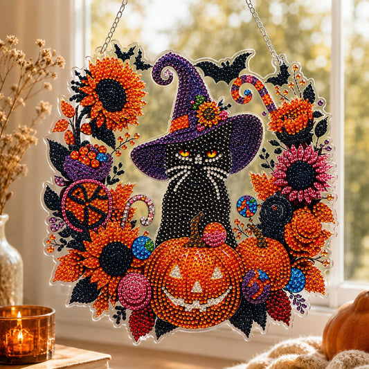 Halloween Witch Cat & Pumpkin DIY Diamond Painting Kit CELD44