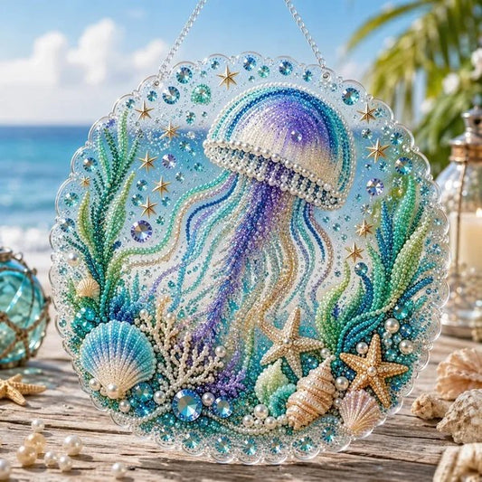 Ocean Jellyfish Round Acrylic Hanging Suncatcher DIY Diamond Painting Kit CELD50