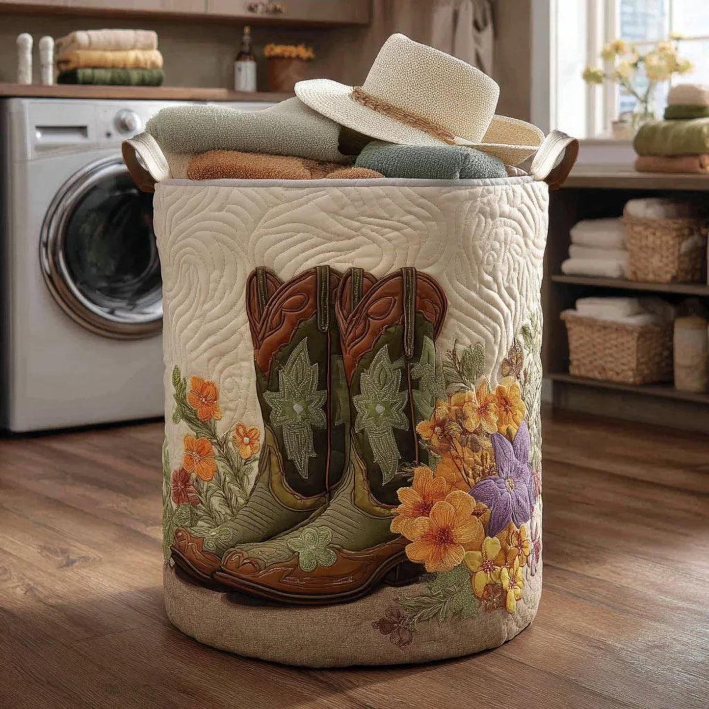 Western Cowgirl Blooming Boots Quilted Laundry Basket EM01