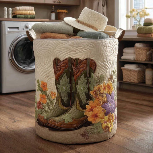 Western Cowgirl Blooming Boots Quilted Laundry Basket EM01