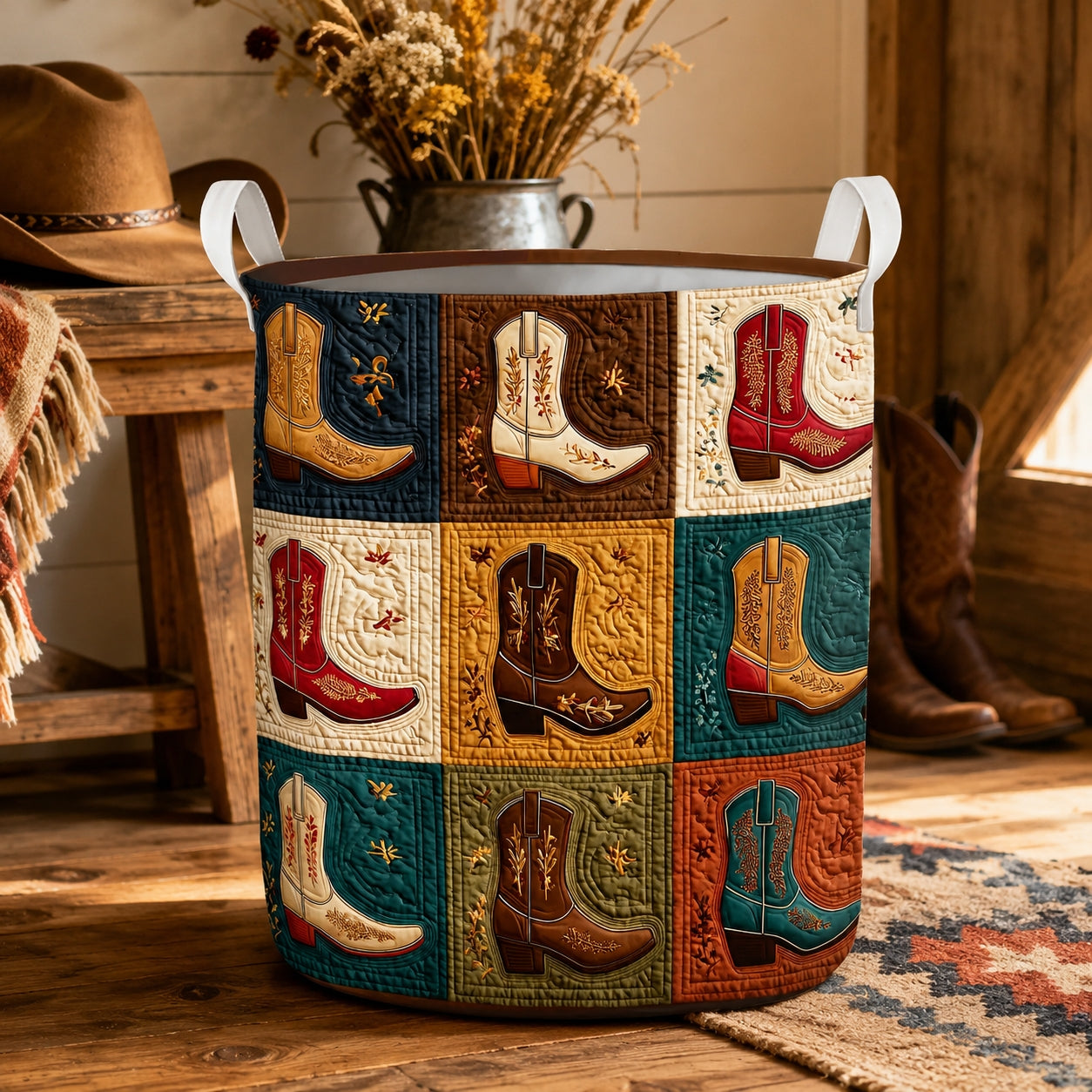 Cowboy Boot Quilted Laundry Basket EM02