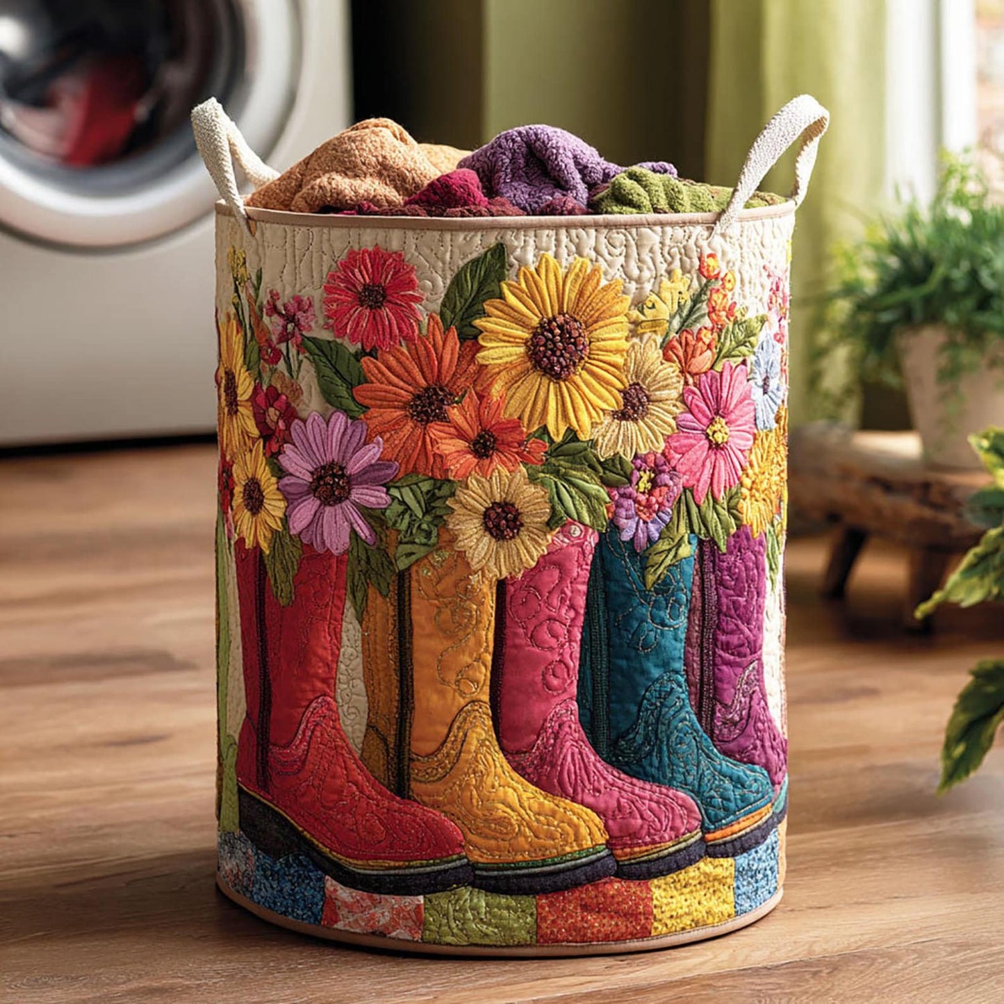 Western Cowboy Boot Flower Quilted Laundry Basket EM03