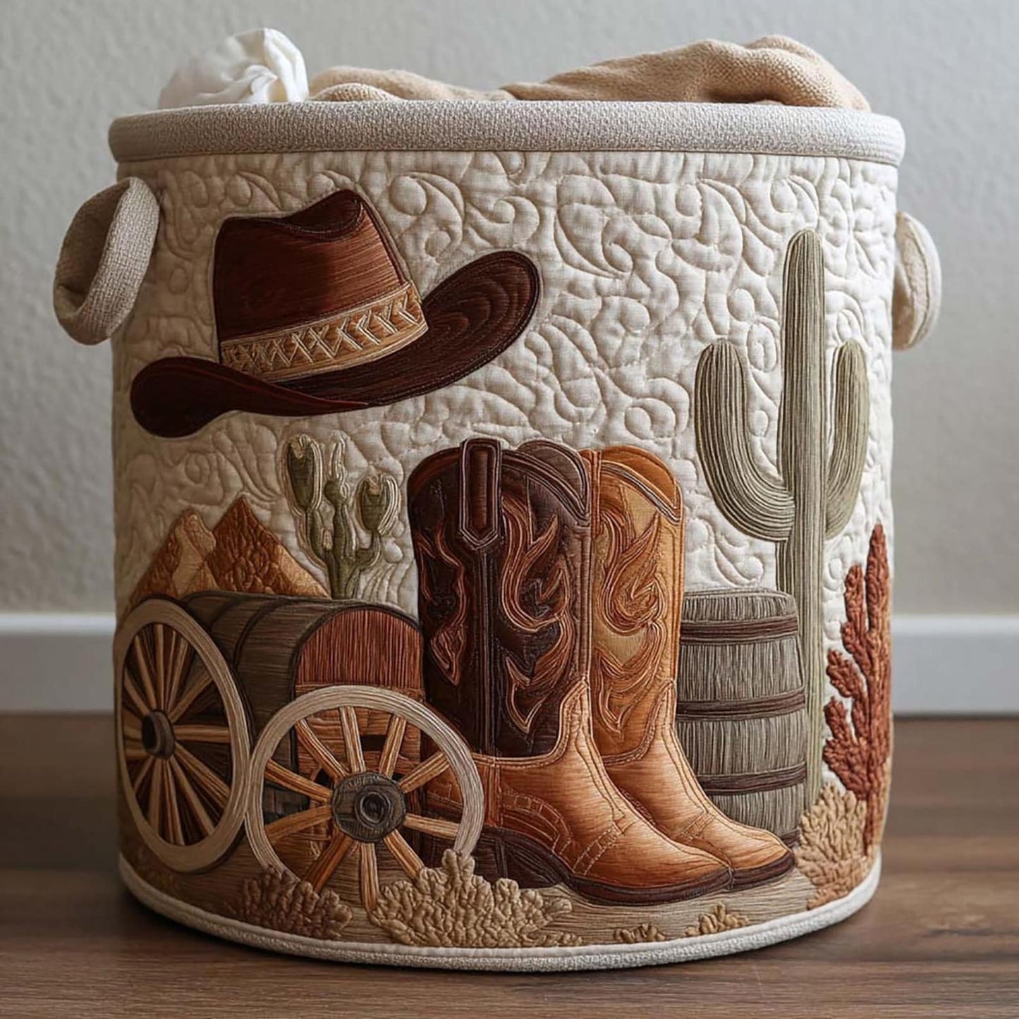 Cactus Cowboy Boot Quilted Laundry Basket EM04
