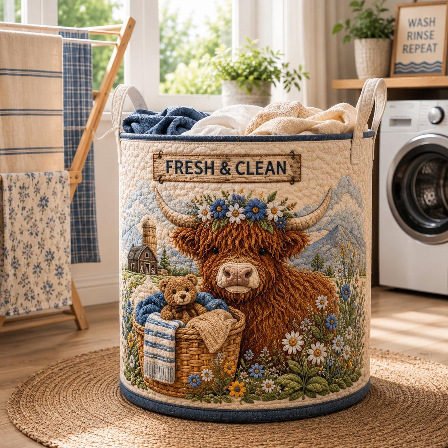 Highland Cow Quilted Laundry Basket EM05
