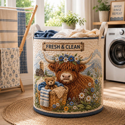 Highland Cow Quilted Laundry Basket EM05