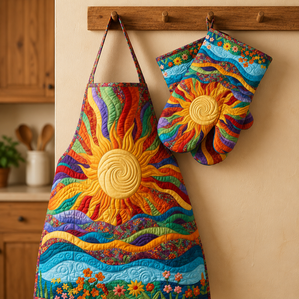 Sun & Rainbow Landscape Quilted Apron and Gloves  CELD01