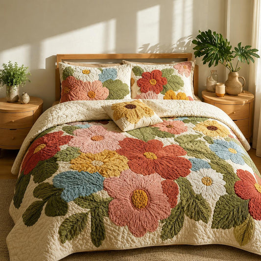 Retro Daisy Patchwork Quilted Bedding Set CELD05