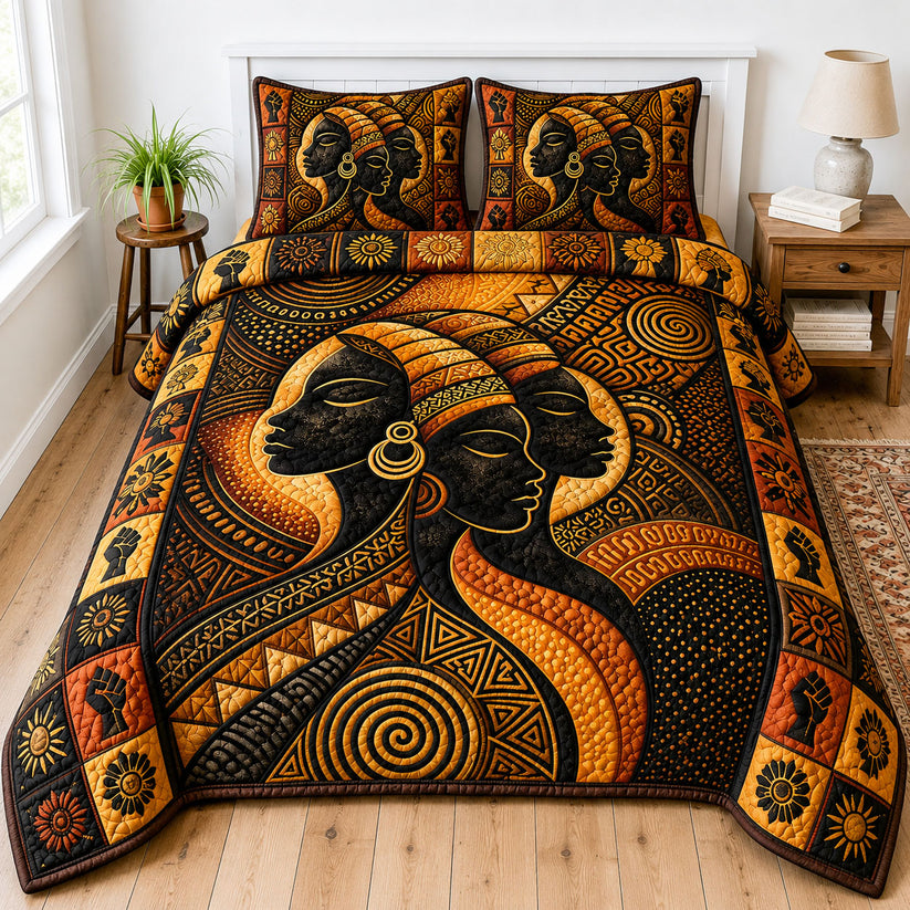 Golden Tribal Queens Quilted Bedding Set CELD31