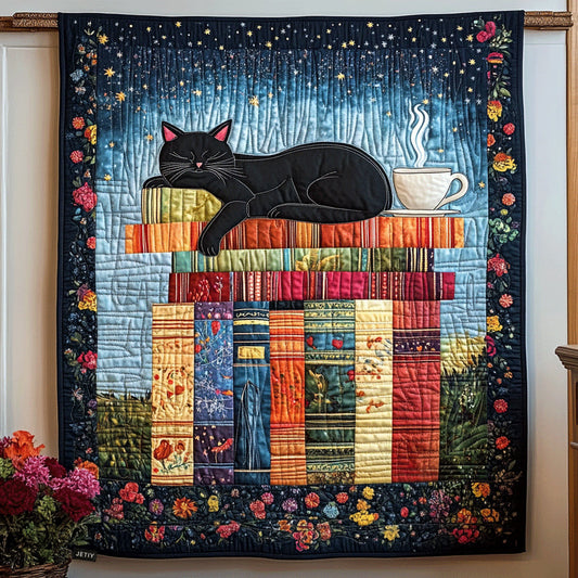 Sleeping Black Cat on Books Quilted Blanket CELD07