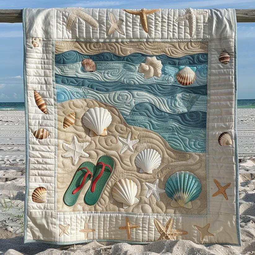 Ocean Wave & Seashell Beach Quilted Blanket CELD11