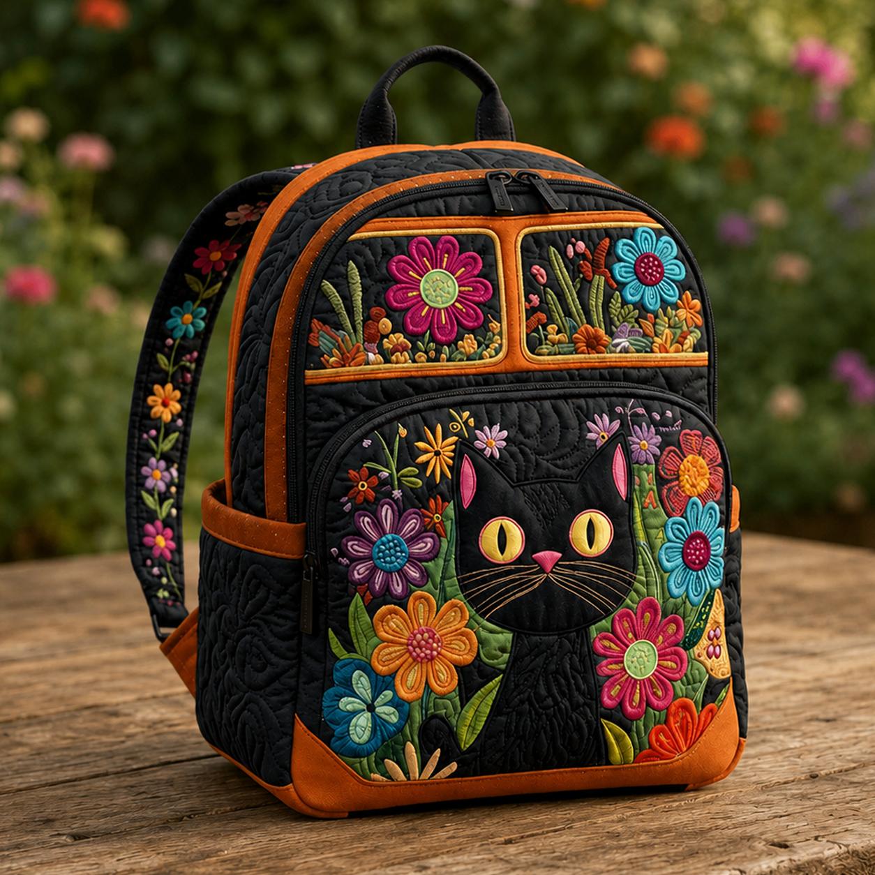Floral Black Cat Quilted Backpack CETL15