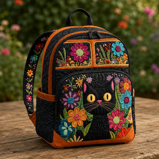 Floral Black Cat Quilted Backpack CELD15