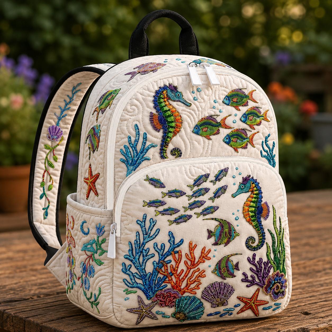 Sequin Seahorse & Coral Quilted Backpack CELD18