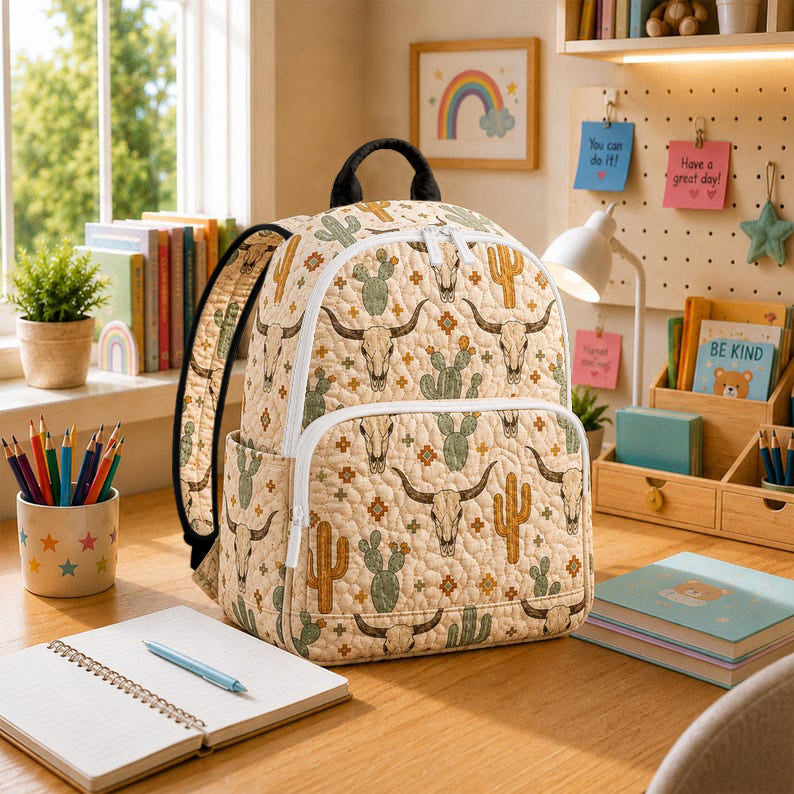 Western Cow Skull Cactus Quilted Backpack CELD21