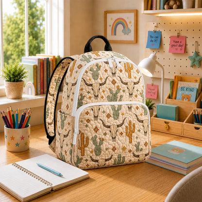 Western Cow Skull Cactus Quilted Backpack CELD21