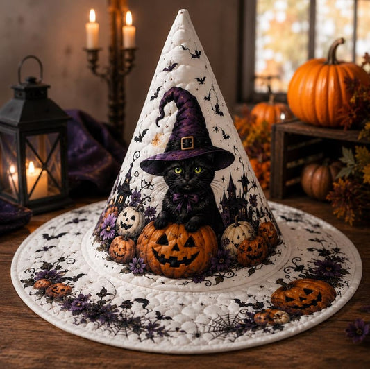 Black Cat & Pumpkins Quilted Halloween Hat CELD22