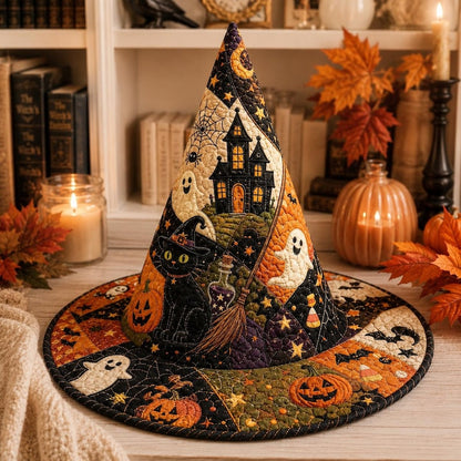 Haunted House & Black Cat Quilted Halloween Hat CELD24