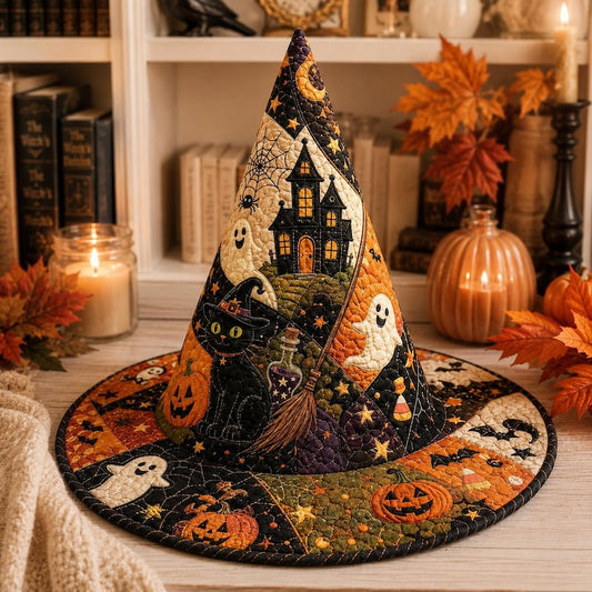 Haunted House & Black Cat Quilted Halloween Hat CELD24