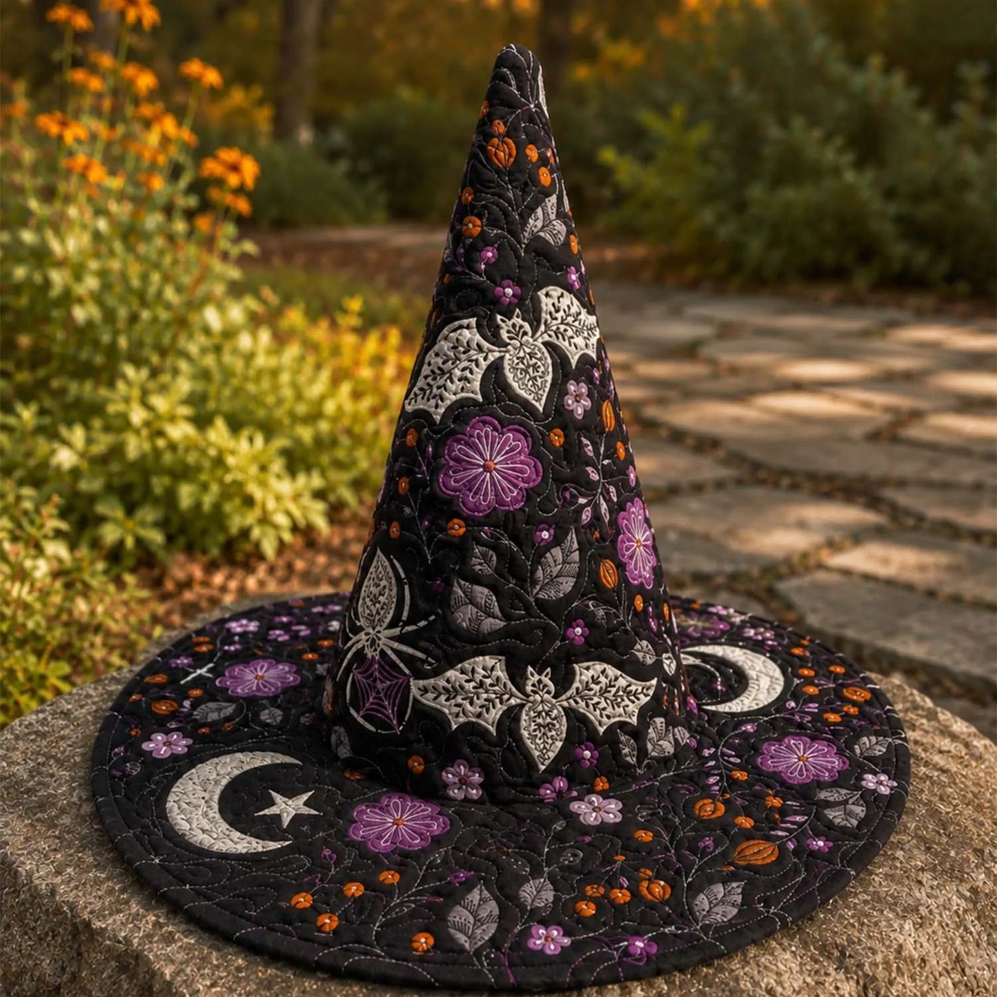 Bats, Moon & Purple Flowers Quilted Halloween Hat CELD25