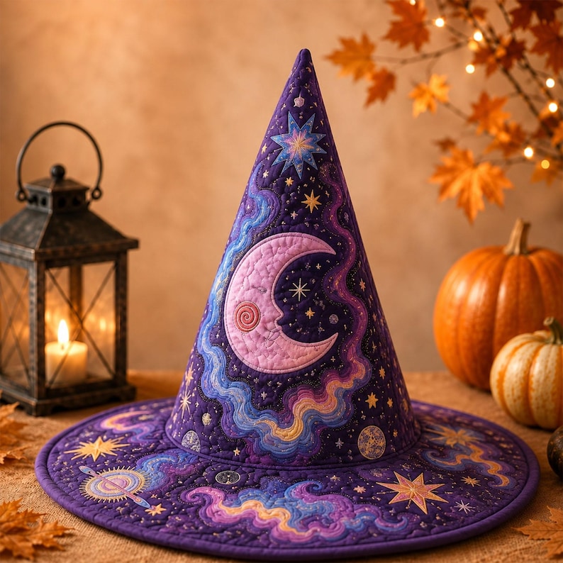 Purple Moon & Cosmic Stars Quilted Halloween Hat CELD27