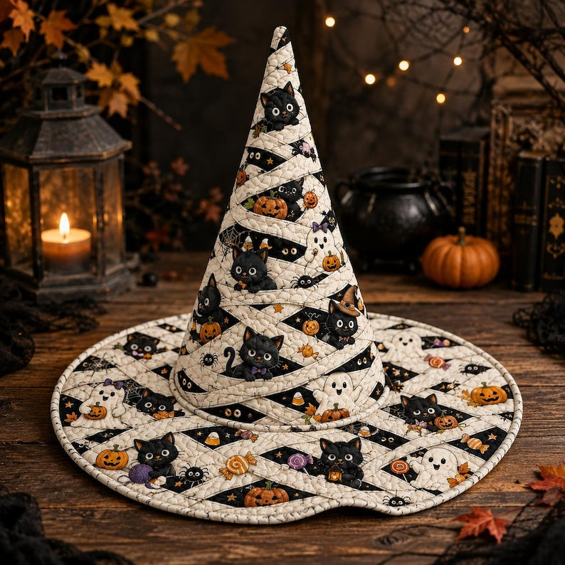 Ghosts & Pumpkins Pattern Quilted Halloween Hat CELD28