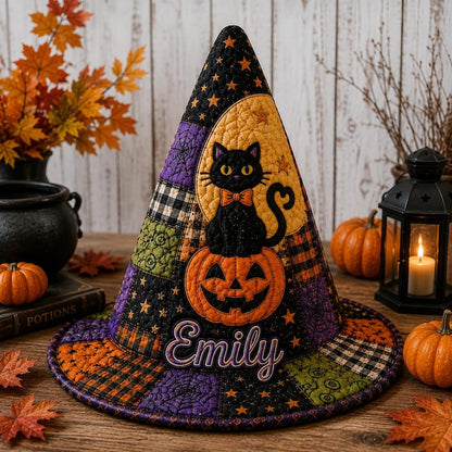 Black Cat & Pumpkin Personalized Quilted Halloween Hat CELD37