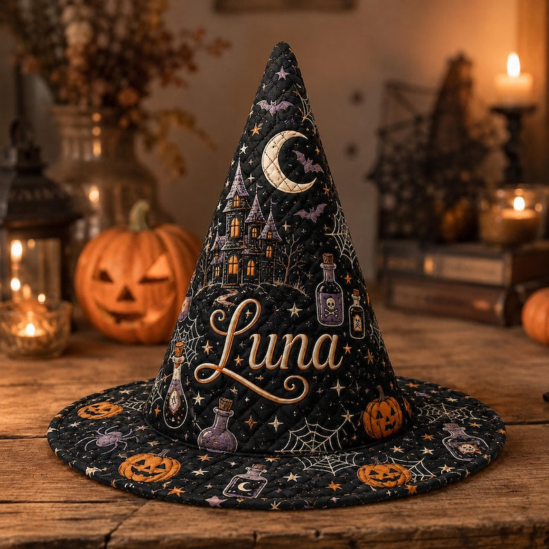 Crescent Moon & Haunted House Personalized Quilted Halloween Hat CELD38