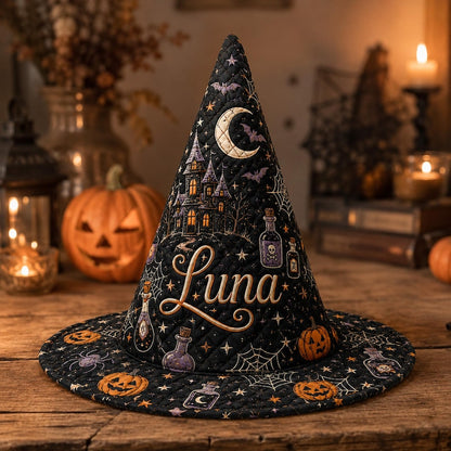 Crescent Moon & Haunted House Personalized Quilted Halloween Hat CELD38