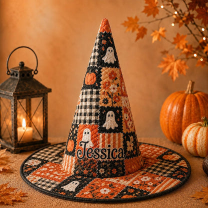 Ghost & Pumpkin Pattern Personalized Quilted Halloween Hat CELD40