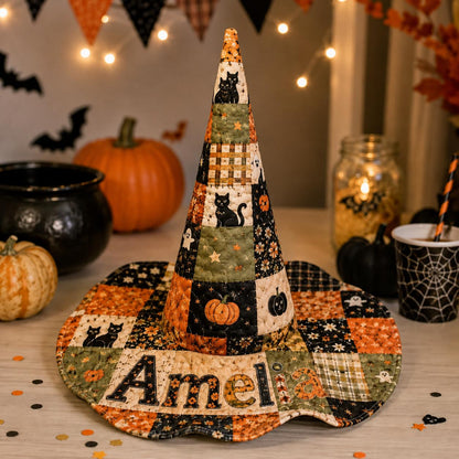 Black Cat & Pumpkin Patchwork Personalized Quilted Halloween Hat CELD42