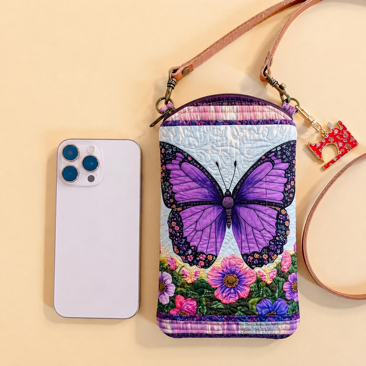 Purple Butterfly Garden Floral Quilted Slim Phone Crossbody Bag CELD02
