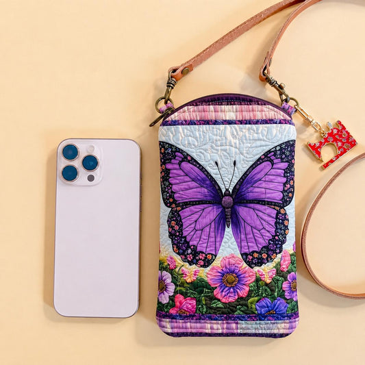 Purple Butterfly Garden Floral Quilted Slim Phone Crossbody Bag CELD02