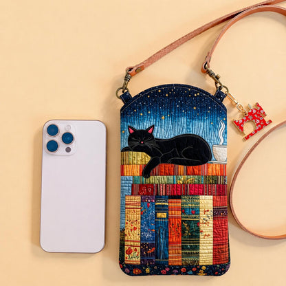 Black Cat And Books Quilted Slim Phone Crossbody Bag CELD09